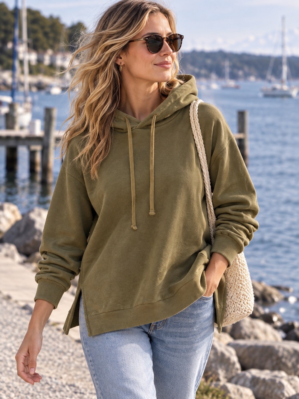 Everlane French Terry Fleece Hoodie in an olive/khaki green color Womens S